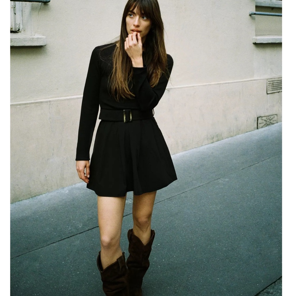 Zara Black Long Sleeve Mini Dress with‎ Belt Size Medium